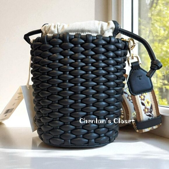 Tory Burch Emerson Woven Mini Bucket Bag Black With Gold Hardware - Picture 3 of 13
